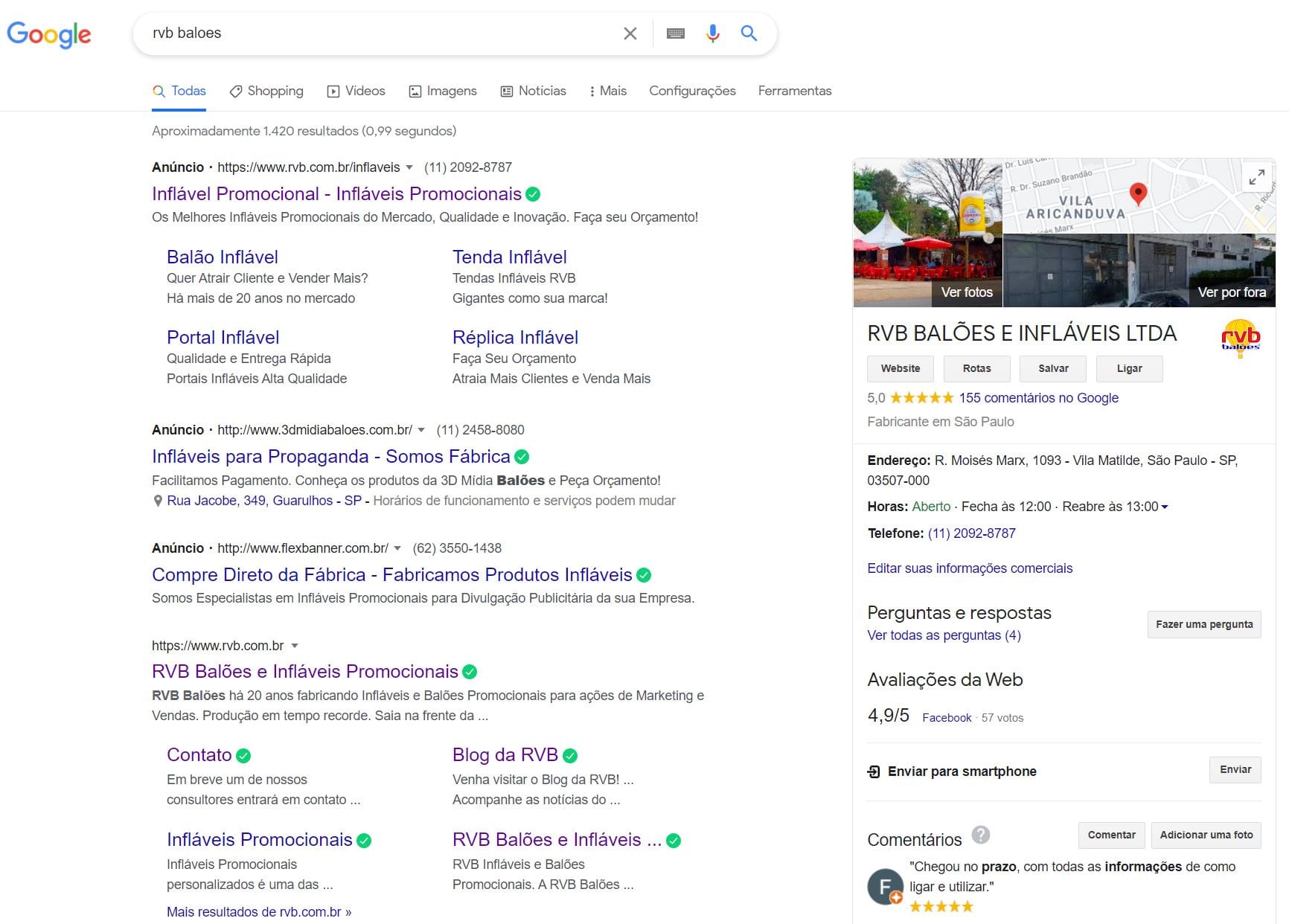 Google Meu Negócio da RVB Balões