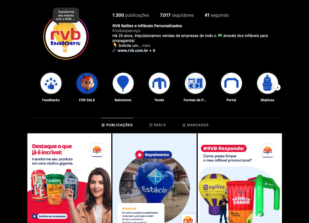 Perfil do Instagram da RVB Balões e Infláveis