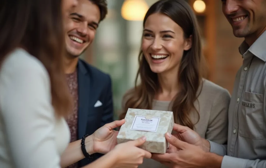 Vendedor entregando um brinde personalizado para um cliente