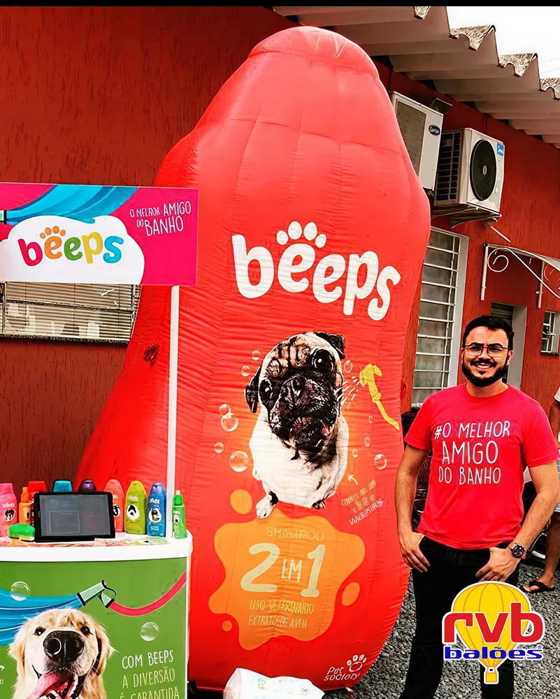 Pote Frasco Inflavel [beeps] [shampoo Pet] [pet Care] A Imagem Mostra Um Display Inflavel Da Marca B