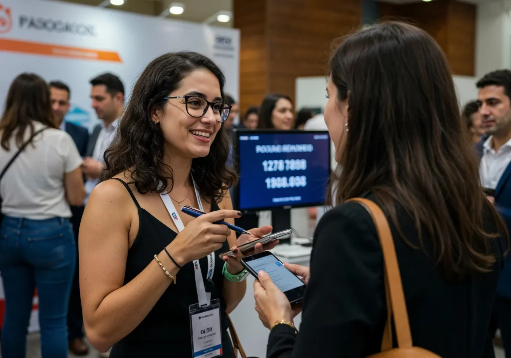 Pessoa Com Crachá E Farda Da Empresa Em Evento Corporativo Anotando O Telefone Do Cliente E Fazendo Networking